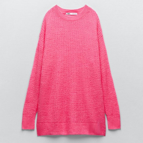 NEW Zara Light Weight Oversized Open Knit Longline Tunic Sweater Neon Pink M - Picture 7 of 9